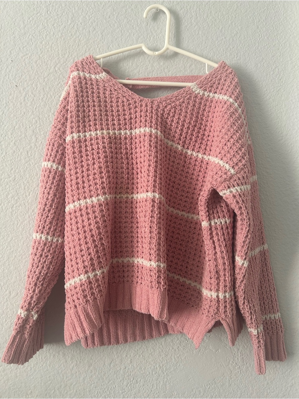 Cozy Pink Striped Waffle-Knit girlsSweater